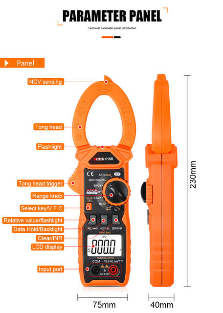 TRUE RMS DIGITAL CLAMP MULTIMETER DC 1500V – AC DC 1000A VICTOR 615B Cables - Accessories for PA 3