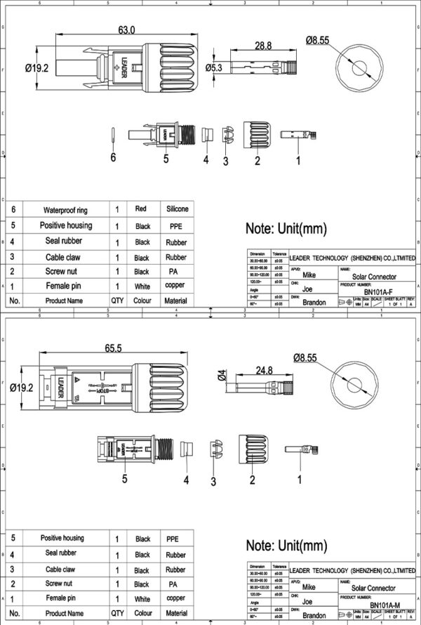 1500V LEADER MC4 CONNECTOR – MALE – PV-BN101A (ΣΕΤ 100 ΤΕΜΑΧΙΩΝ) Καλώδια - Παρελκόμενα Φ/Β 2